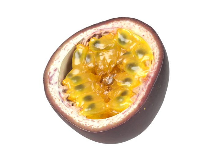 perspective view rendering of a passion fruit half 3d model