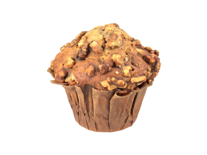 perspective view rendering of a banana walnut muffin 3d model